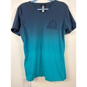 Diesel Beachwear Mens V-Neck T-Shirt Blue Ombre Dip Dye Anti-Freeze Graphic M